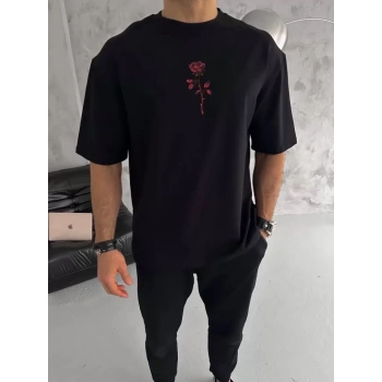 Biçomi Unisex Bisiklet Yaka Baskılı Oversize T-Shirt - Siyah