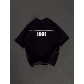 Biçomi Unisex Bisiklet Yaka Baskılı Oversize T-Shirt - Siyah