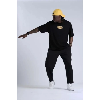 Biçomi Unisex Bisiklet Yaka Baskılı Oversize T-Shirt - Siyah