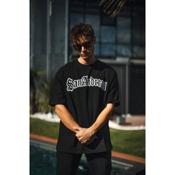 Biçomi Unisex Bisiklet Yaka Baskılı Oversize T-Shirt - Siyah