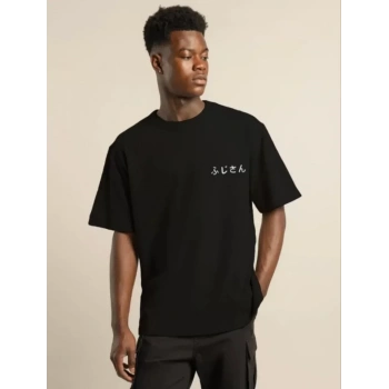 Biçomi Unisex Bisiklet Yaka Baskılı Oversize T-Shirt - Siyah