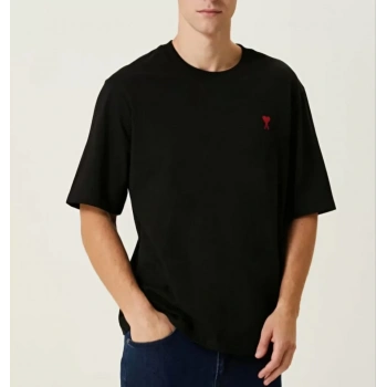 Biçomi Unisex Bisiklet Yaka Baskılı Oversize T-Shirt - Siyah