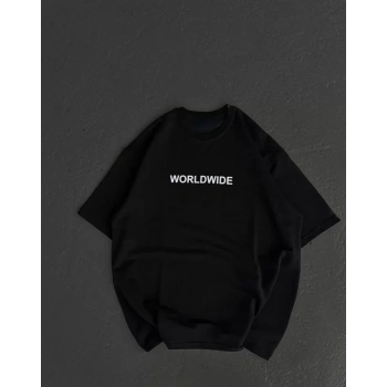 Biçomi Unisex Bisiklet Yaka Baskılı Oversize T-Shirt - Siyah