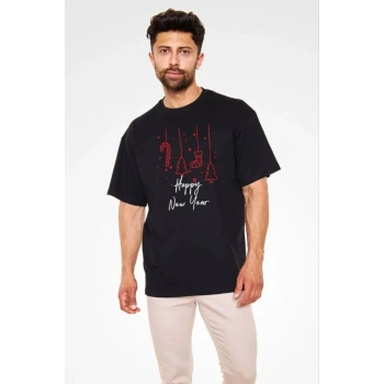 Biçomi Unisex Bisiklet Yaka Baskılı Oversize T-Shirt - Siyah