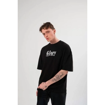Biçomi Unisex Bisiklet Yaka Baskılı Oversize T-Shirt - Siyah