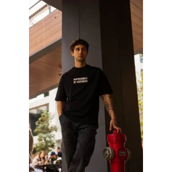 Biçomi Unisex Bisiklet Yaka Baskılı Oversize T-Shirt - Siyah