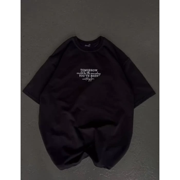 Biçomi Unisex Bisiklet Yaka Baskılı Oversize T-Shirt - Siyah