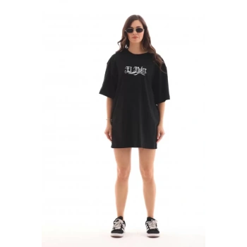 Biçomi Unisex Bisiklet Yaka Baskılı Oversize T-Shirt - Siyah