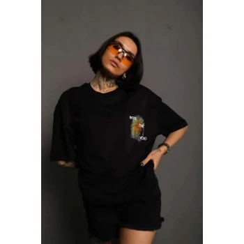 Biçomi Unisex Bisiklet Yaka Baskılı Oversize T-Shirt - Siyah