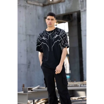 Biçomi Unisex Bisiklet Yaka Baskılı Oversize T-Shirt - Siyah