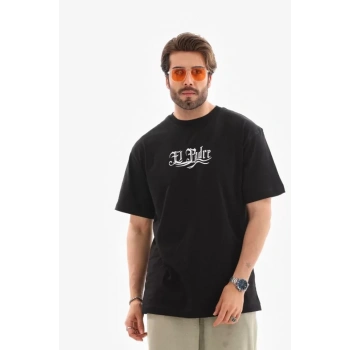 Biçomi Unisex Bisiklet Yaka Baskılı Oversize T-Shirt - Siyah