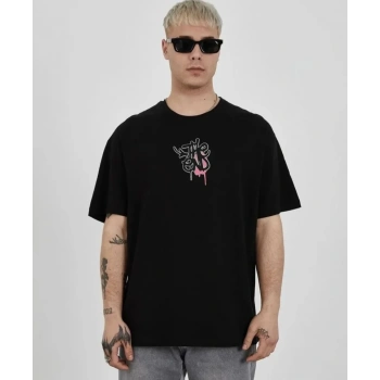 Biçomi Unisex Bisiklet Yaka Baskılı Oversize T-Shirt - Siyah