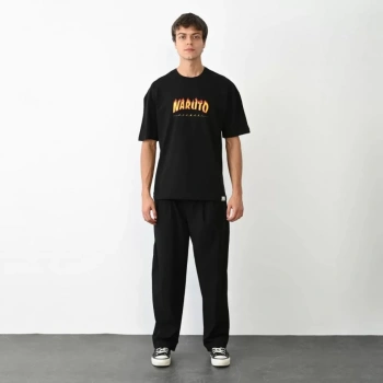 Biçomi Unisex Bisiklet Yaka Baskılı Oversize T-Shirt - Siyah