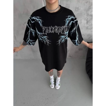 Biçomi Unisex Bisiklet Yaka Baskılı Oversize T-Shirt - Siyah