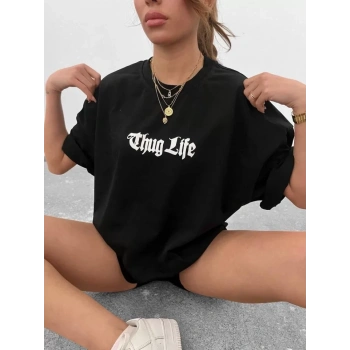 Biçomi Unisex Bisiklet Yaka Baskılı Oversize T-Shirt - Siyah