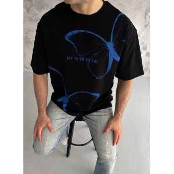 Biçomi Unisex Bisiklet Yaka Baskılı Oversize T-Shirt - Siyah