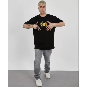 Biçomi Unisex Bisiklet Yaka Baskılı Oversize T-Shirt - Siyah