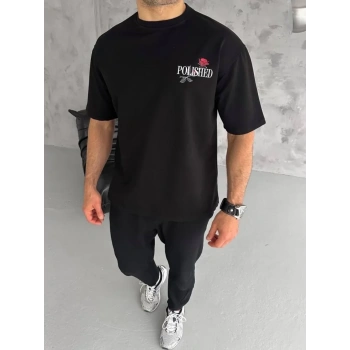 Biçomi Unisex Bisiklet Yaka Baskılı Oversize T-Shirt - Siyah