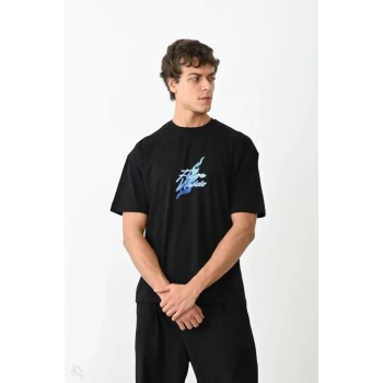 Biçomi Unisex Bisiklet Yaka Baskılı Oversize T-Shirt - Siyah