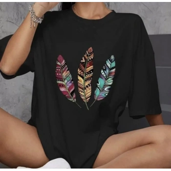 Biçomi Unisex Bisiklet Yaka Baskılı Oversize T-Shirt - Siyah