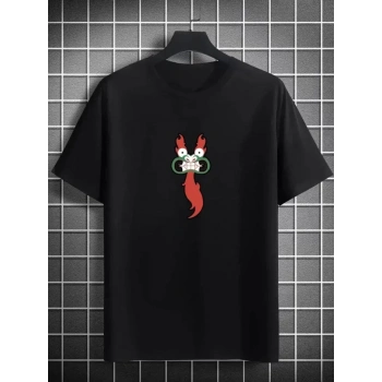 Biçomi Unisex Bisiklet Yaka Baskılı Oversize T-Shirt - Siyah