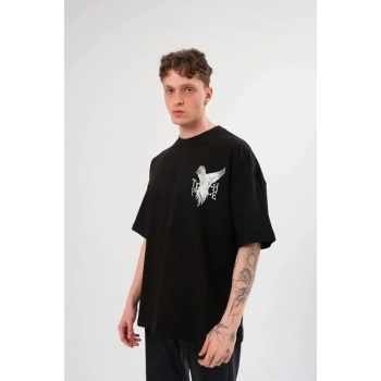 Biçomi Unisex Bisiklet Yaka Baskılı Oversize T-Shirt - Siyah