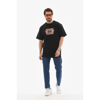 Biçomi Unisex Bisiklet Yaka Baskılı Oversize T-Shirt - Siyah