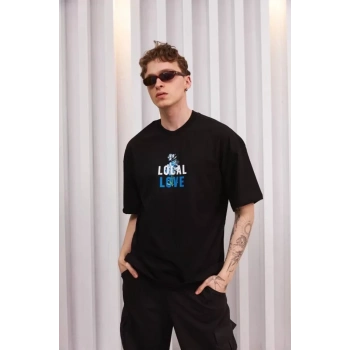 Biçomi Unisex Bisiklet Yaka Baskılı Oversize T-Shirt - Siyah