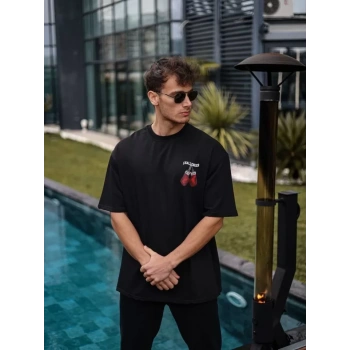 Biçomi Unisex Bisiklet Yaka Baskılı Oversize T-Shirt - Siyah