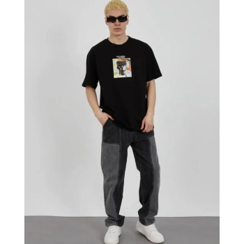 Biçomi Unisex Bisiklet Yaka Baskılı Oversize T-Shirt - Siyah