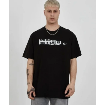 Biçomi Unisex Bisiklet Yaka Baskılı Oversize T-Shirt - Siyah