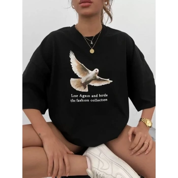 Biçomi Unisex Bisiklet Yaka Baskılı Oversize T-Shirt - Siyah