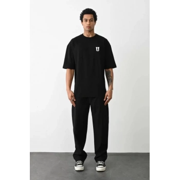 Biçomi Unisex Bisiklet Yaka Baskılı Oversize T-Shirt - Siyah