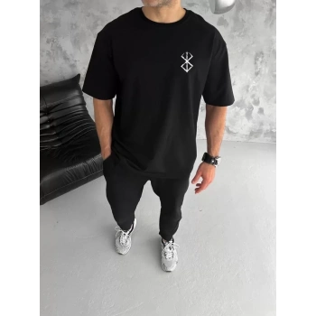 Biçomi Unisex Bisiklet Yaka Baskılı Oversize T-Shirt - Siyah