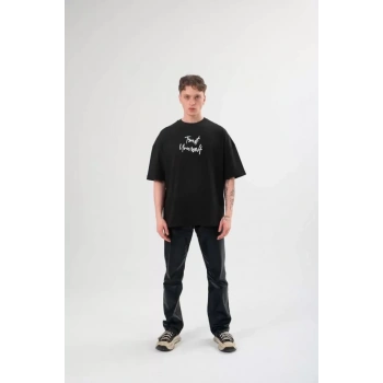 Biçomi Unisex Bisiklet Yaka Baskılı Oversize T-Shirt - Siyah
