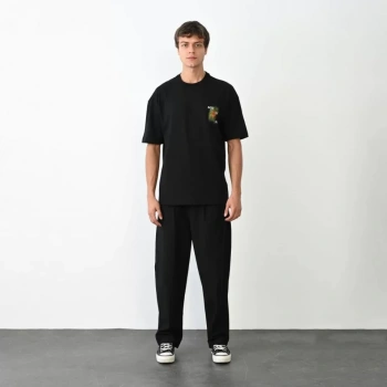 Biçomi Unisex Bisiklet Yaka Baskılı Oversize T-Shirt - Siyah