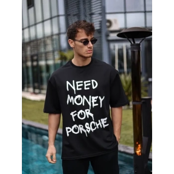Biçomi Unisex Bisiklet Yaka Baskılı Oversize T-Shirt - Siyah