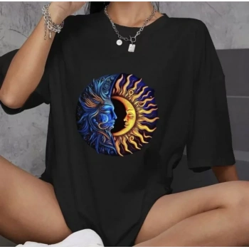 Biçomi Unisex Bisiklet Yaka Baskılı Oversize T-Shirt - Siyah