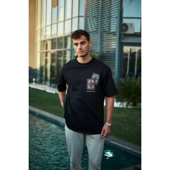 Biçomi Unisex Bisiklet Yaka Baskılı Oversize T-Shirt - Siyah