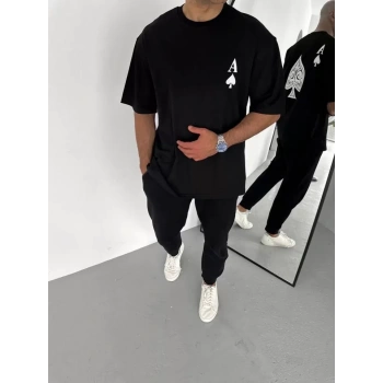 Biçomi Unisex Bisiklet Yaka Baskılı Oversize T-Shirt - Siyah