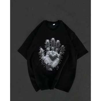 Biçomi Unisex Bisiklet Yaka Baskılı Oversize T-Shirt - Siyah