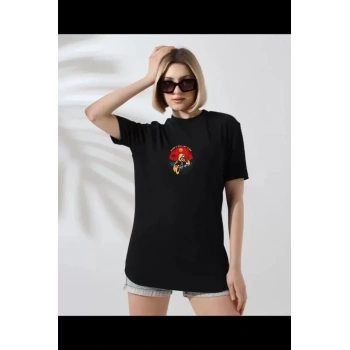 Biçomi Unisex Bisiklet Yaka Baskılı T-Shirt - Siyah