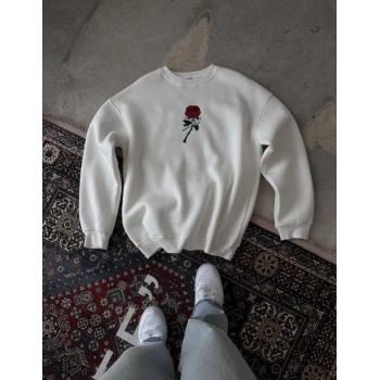 Biçomi Unisex Bisiklet Yaka Ön Ve Arka Baskılı SweatShirt - Beyaz