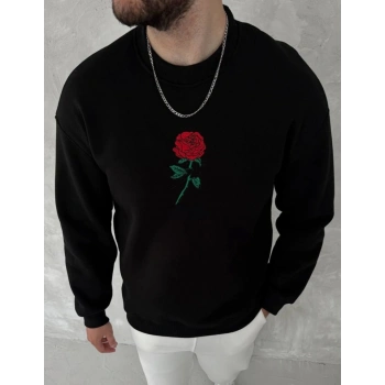 Biçomi Unisex Bisiklet Yaka Ön Ve Arka Baskılı SweatShirt - Siyah