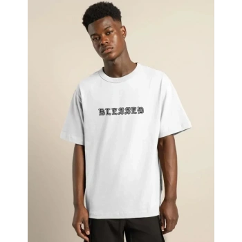 Biçomi Unisex Bisiklet Yaka Oversize Baskılı T-Shirt - Beyaz