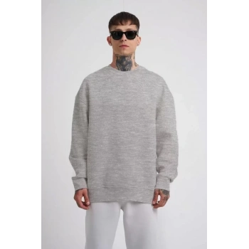 Biçomi Unisex Biskilet Yaka Üç İplik SweatShirt - Gri