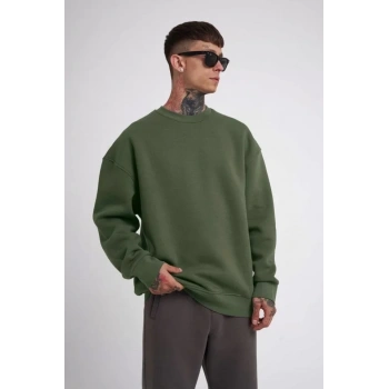Biçomi Unisex Biskilet Yaka Üç İplik SweatShirt - Haki
