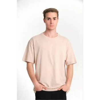 Biçomi Unisex Düz Biskilet Yaka Oversize T-shirt - Bej