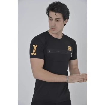 Biçomi Unisex Göğüs Fermuarlı Baskılı T-Shirt - Siyah