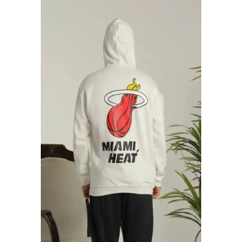 Biçomi Unisex Kapşonlu Baskılı Sweetshirt - Beyaz